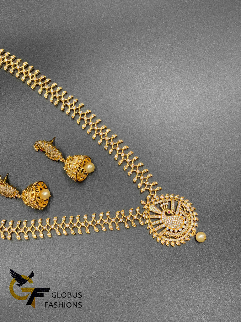 Cz stones peacock design long necklace with matching jumka earrings