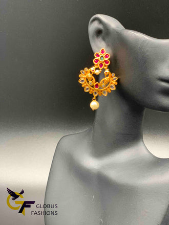 Ruby stones and uncut cz stones chandbali earrings