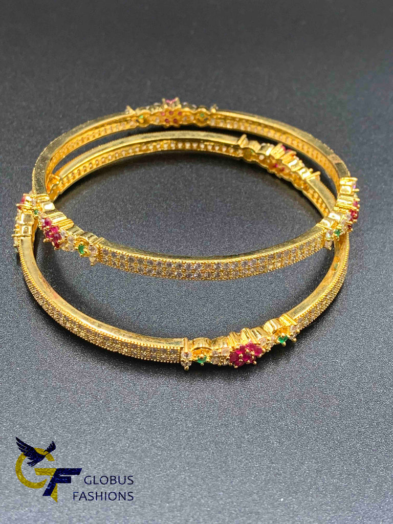 The multicolor stone flower design with cz stones set of two bangles