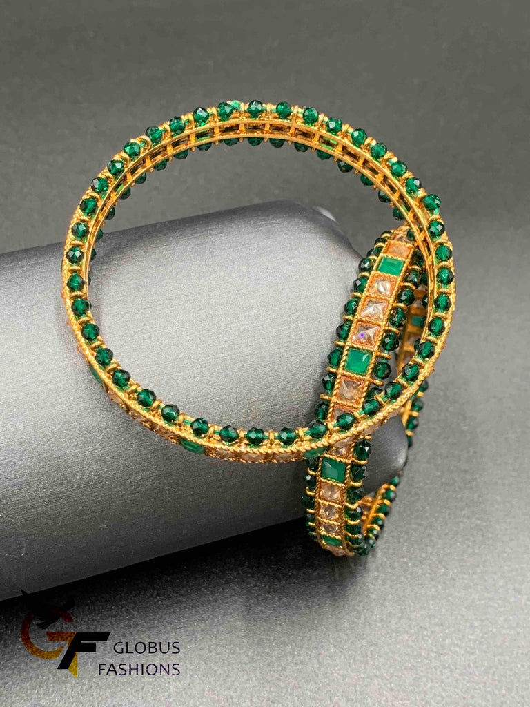 Elegant emerald beads & Stones with kundan stones set of two bangles
