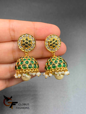 Traditional look emerald Stones and Pearls Jumka Earrings