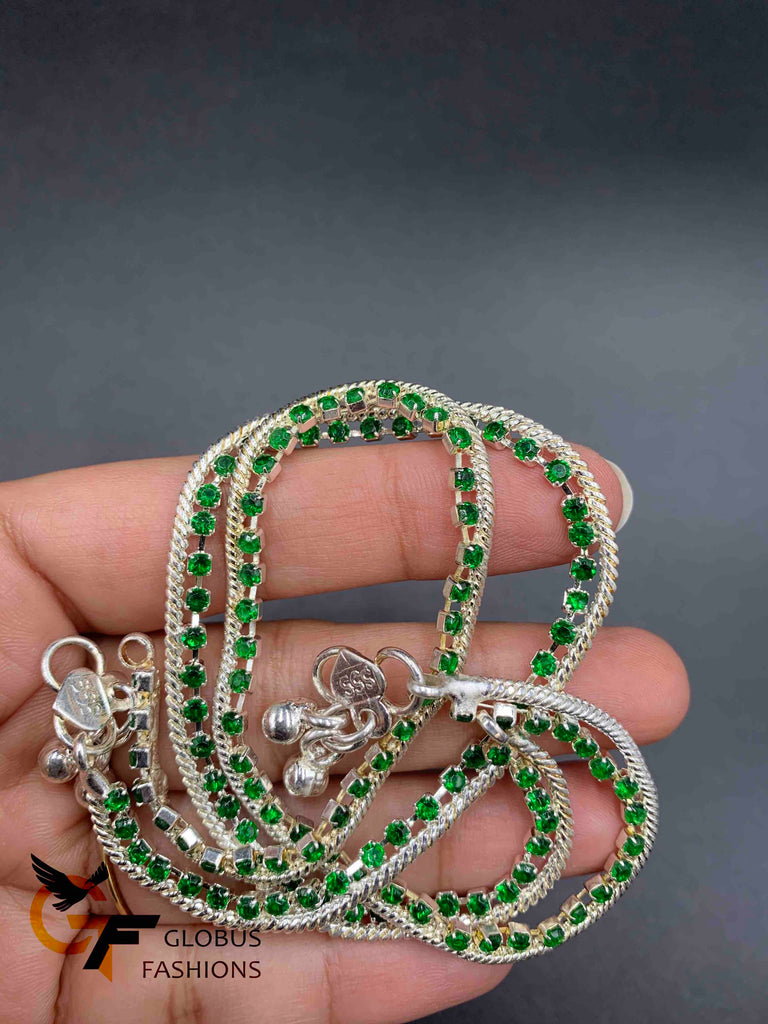 Green color Stones silver anklets