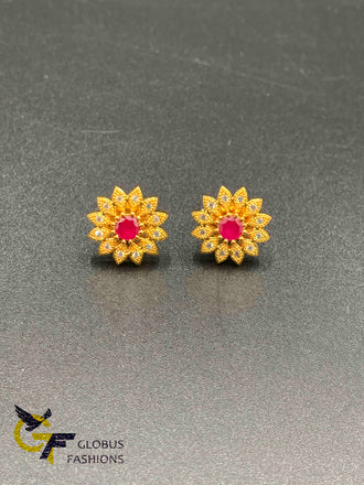 Cz stones with emerald and ruby stones flower design earrings