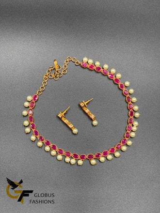 Ruby stones with pearls simple necklace set