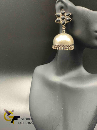 Black beads stones with German silver jumka earrings