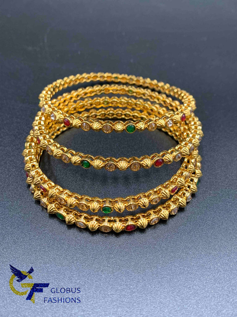 Traditional antique look multicolor Stones with Polki Stones set of 4 bangles