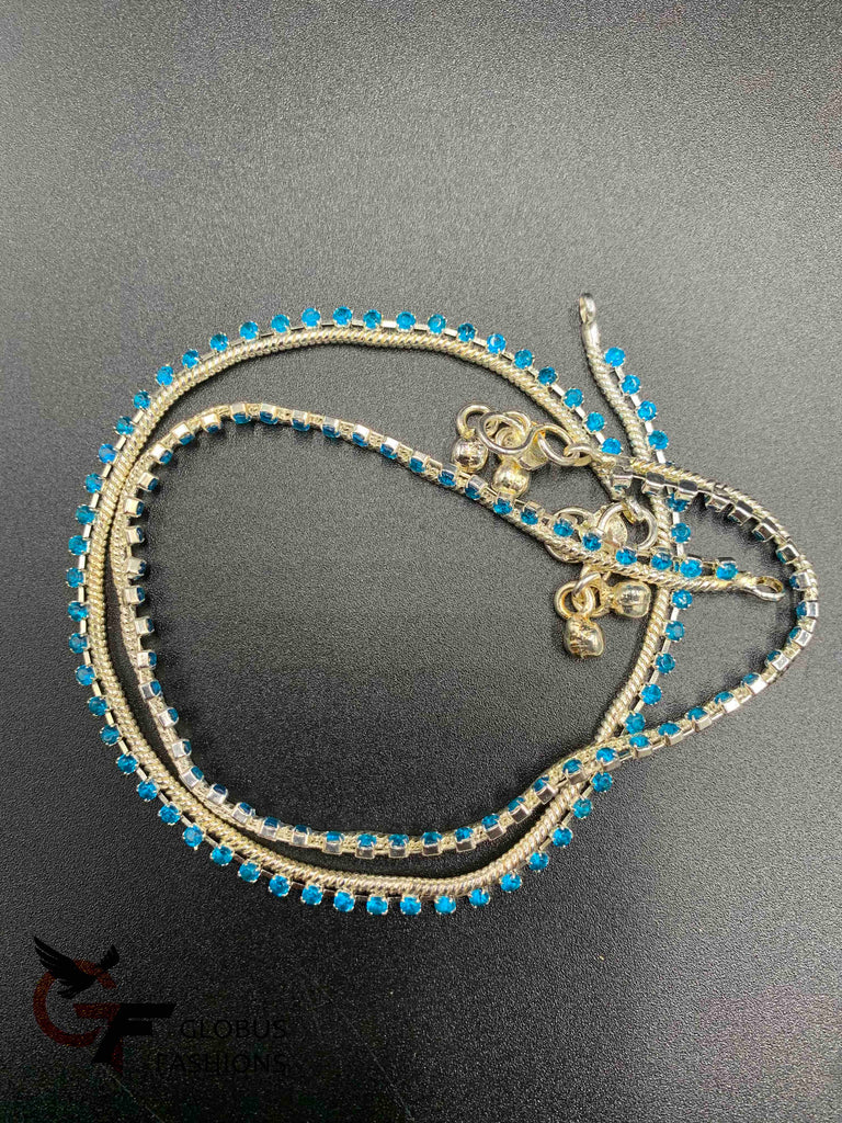Blue color stones with silver base anklets