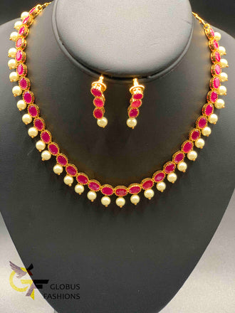 Ruby stones with pearls simple necklace set