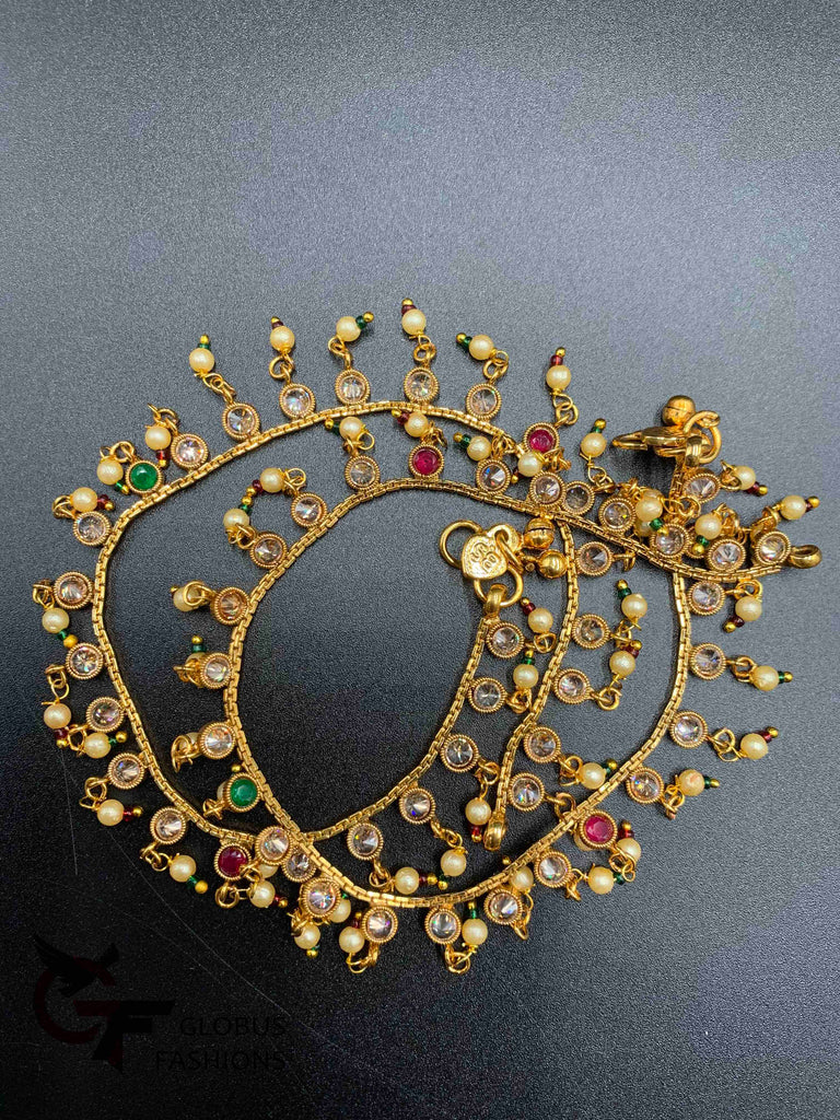 Rose gold Kundan stones with multicolor stones and pearls anklets