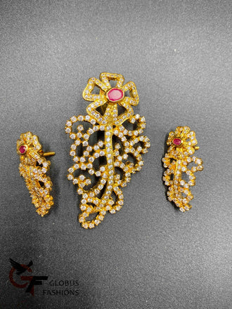 Cz stones and ruby stones flower with leaf design pendant set