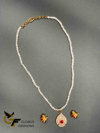 Cute ovel shaped semi precious pearls with cz stones pendant and earrings