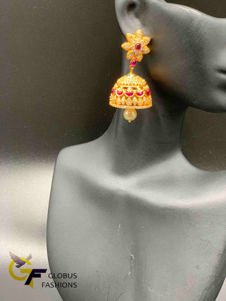 Traditional look ruby and cz stones jumka earrings