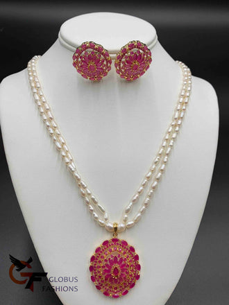 Two-lines natural real pearls with oval shape pendant and matching earrings