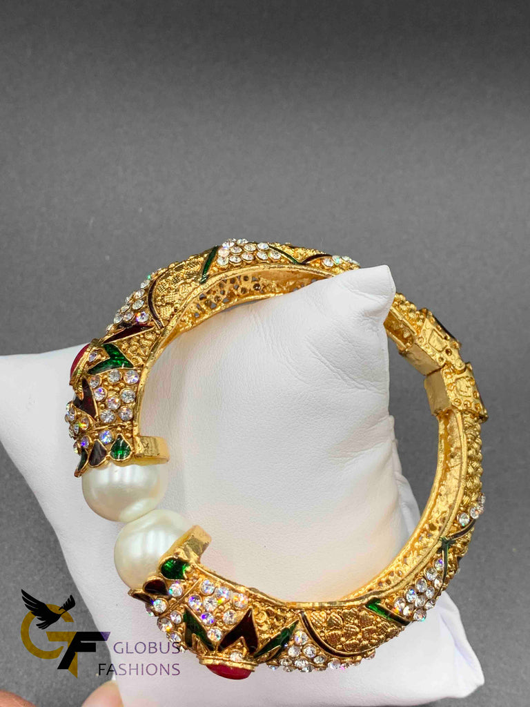Traditional look Pearls with multicolor Stones big Kada bangle