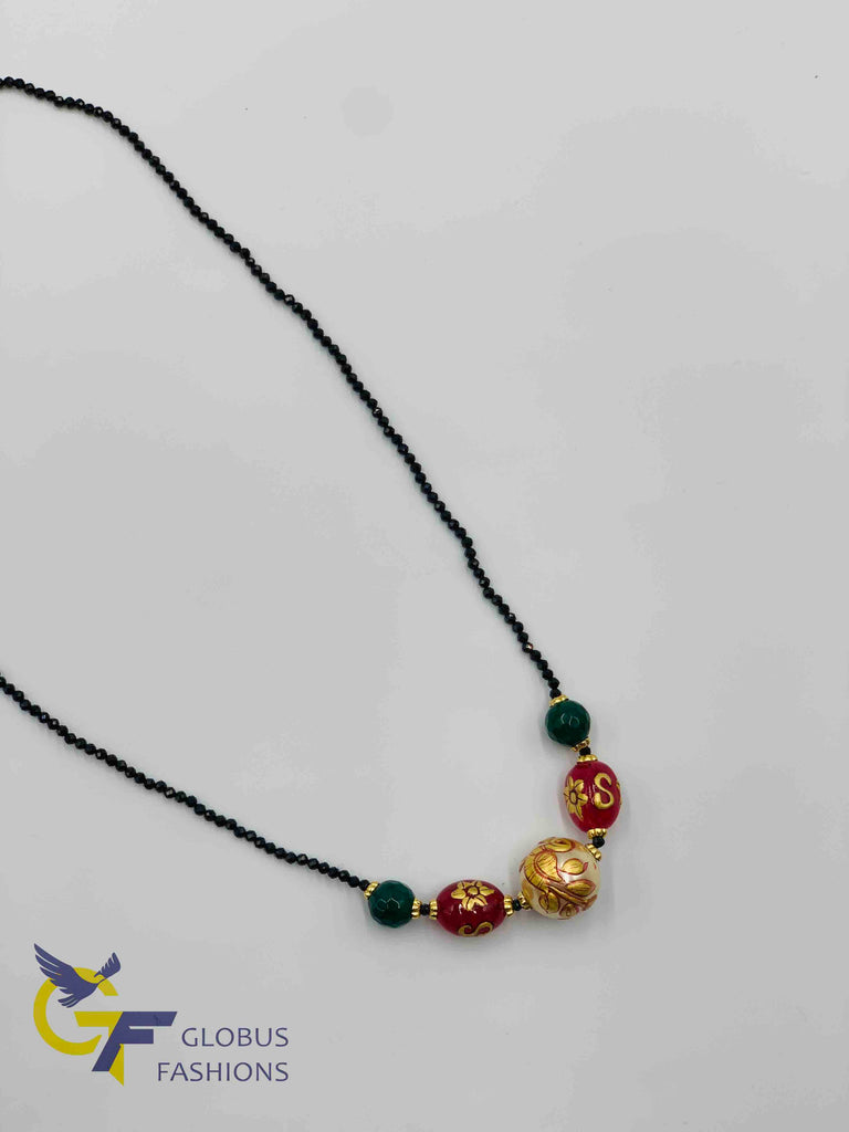 Beautiful hand painted enamel pearl with black beads chain