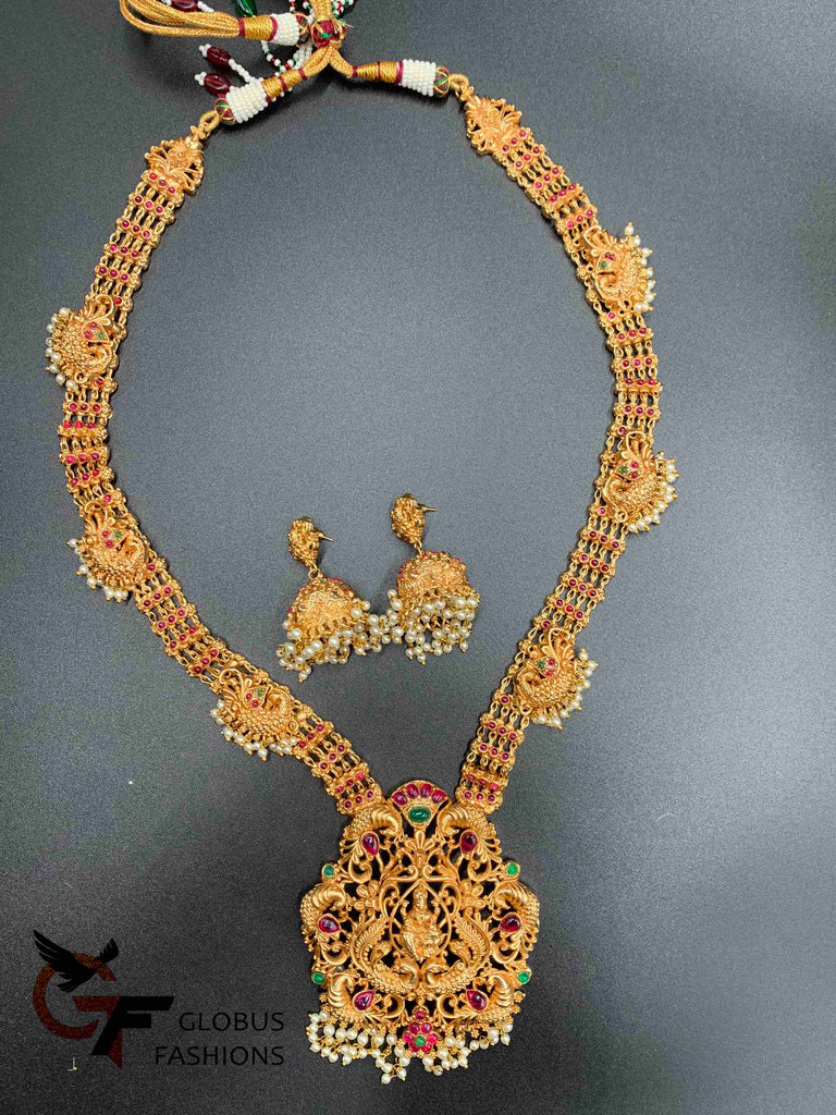 Traditional and antique design LAKSHMI print with pearls and multicolor stones long necklace and matching jumka set
