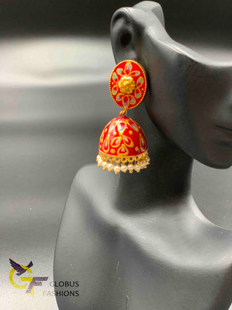 Beautiful enamel hand painted with kundan stones jumka earrings