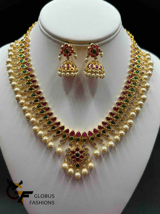 Pearls and multicolor stones with matching jumka earrings