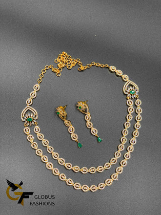 Double line CZ stones and emerald stones necklace set