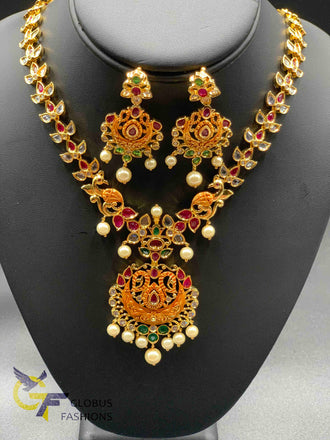 Elegant design multi-color stones and uncut CZ stones with pearls necklace set