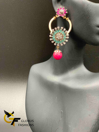 Ruby and emerald stones unique design German silver earrings