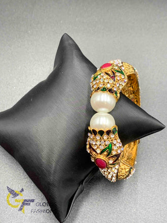 Traditional look Pearls with multicolor Stones big Kada bangle