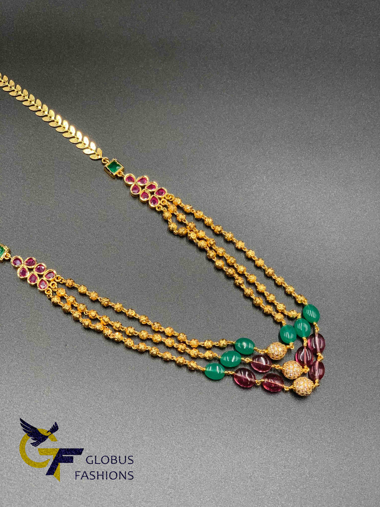 Gold beads and multicolor beads with cz stones balls three string chain