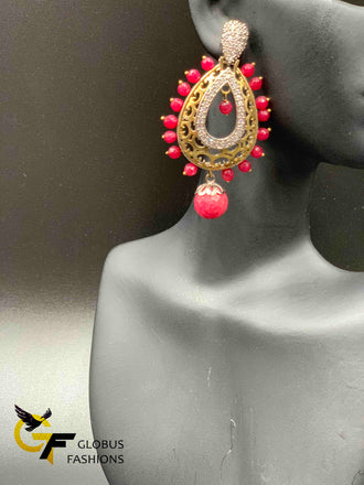 Cs stones and ruby beads big size chandbali earrings