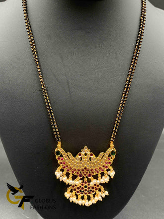 Peacock design multicolor stones pendant with double line black beads chain