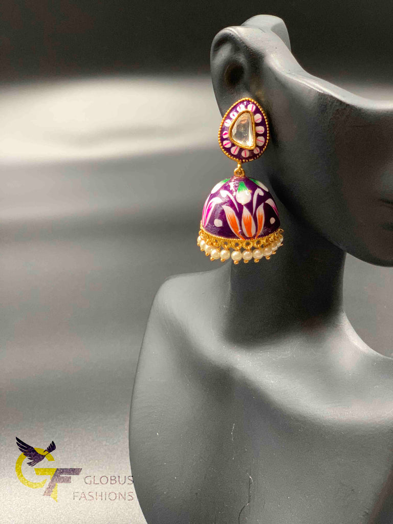 Beautiful enamel hand painted with kundan stones jumka earrings