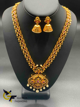Traditional Ruby and ca stones with pearls antique gold long necklace set