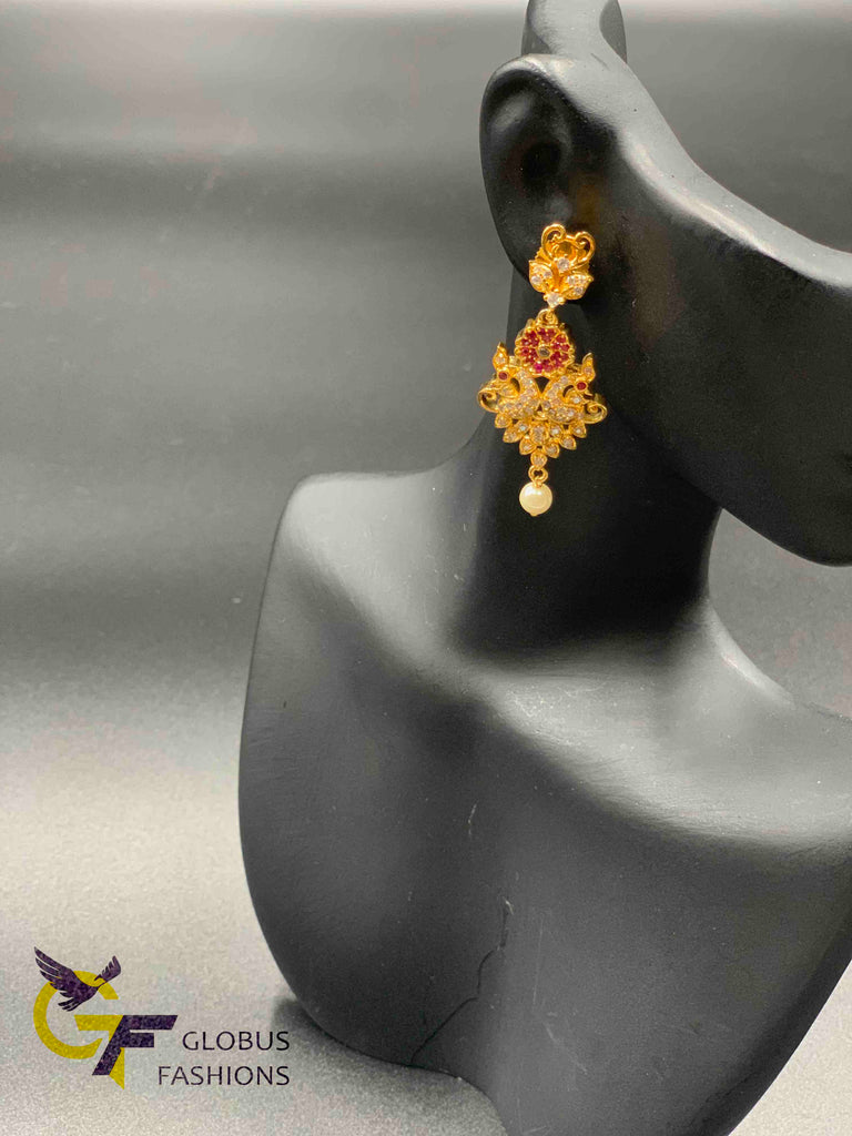 Beautiful peacock and flower design cz stones with ruby and pearls necklace set