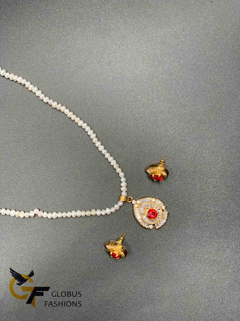 Cute ovel shaped semi precious pearls with cz stones pendant and earrings