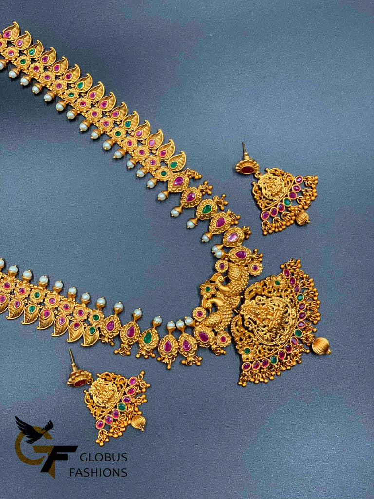 Beautiful and traditional antique temple design multicolor stones necklace set