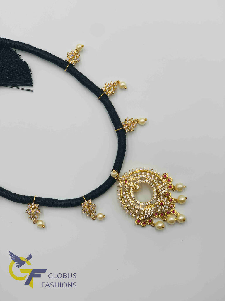 Beautiful cz stones and ruby stones pendant with black thread chain
