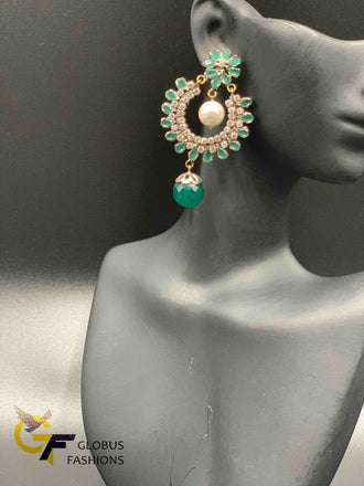 Traditional look cz stones and emerald stones with pearls German silver earrings