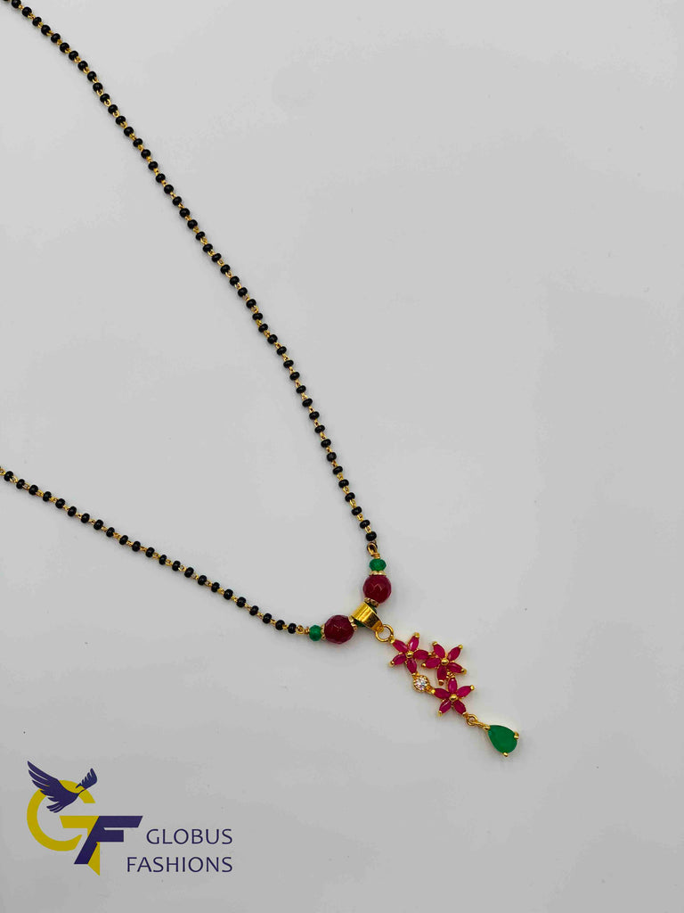 Black beads chain with ruby flower design pendant