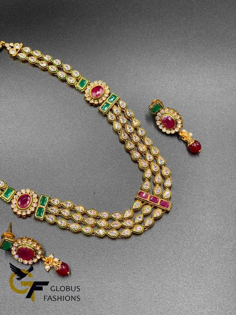 Cute rajwadi kundan stones with multicol stones three line necklace set