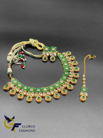 Beautiful rajwadi kundan stones with emerald stones necklace set with Tikka
