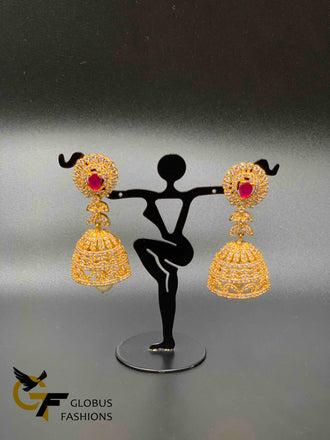 Cz stones and ruby stones with pearl hanging jumka earrings