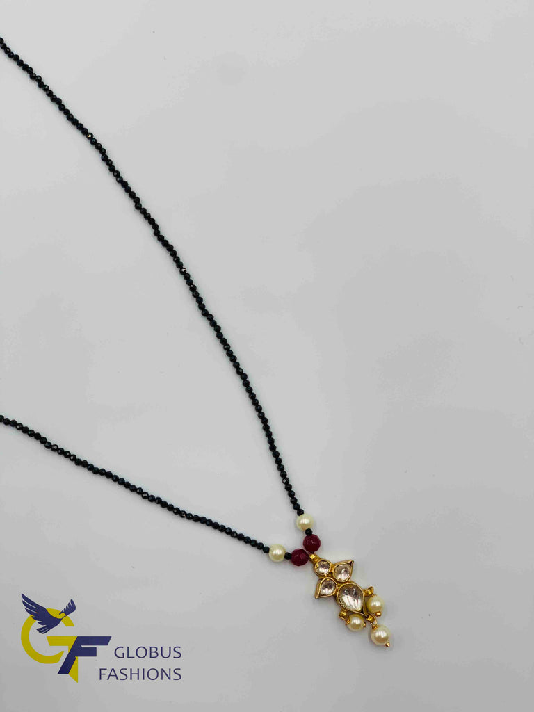 Single line black diamond beads chain with kundan stones pendant