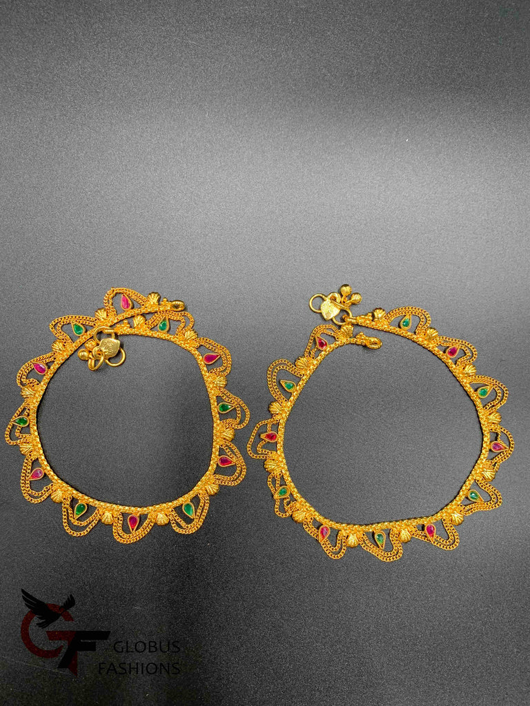 Elegant design gold chains with multicolor Stones anklets