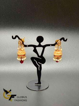 Cz stones and ruby stones with pearls simple jumka earrings