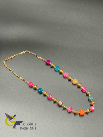 Square share natural multicolored beads with gold beads single line chain