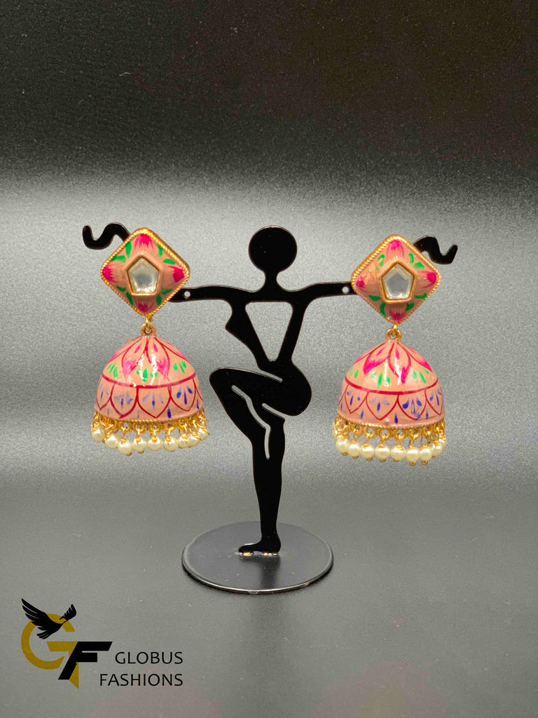 Beautiful enamel hand painted with kundan stones jumka earrings