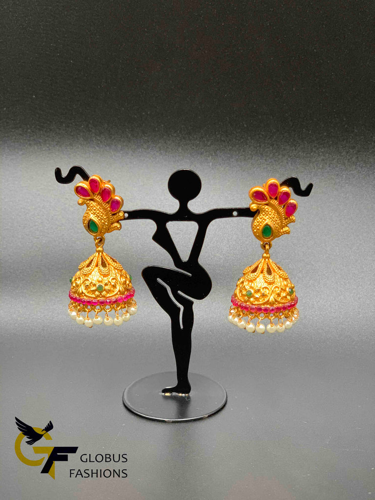 Traditional antique look multicolor stones with pearls jumka earrings