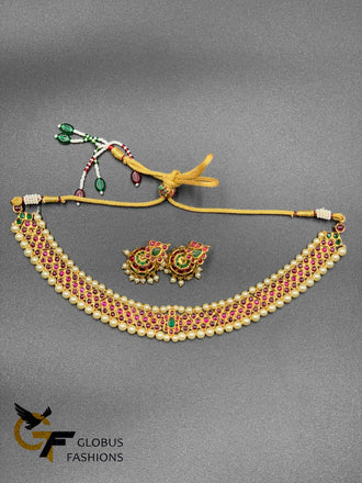 Traditional look Ruby stones with pearls short necklace