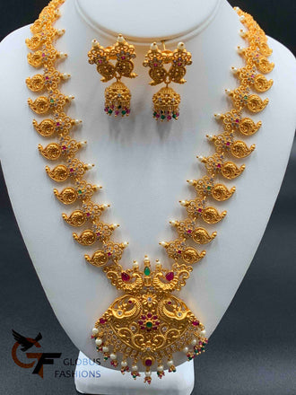 Traditional and antique look peacock and mango design long necklace set