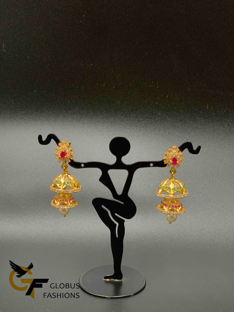 Multicolor stones with pearls double step jumka earrings
