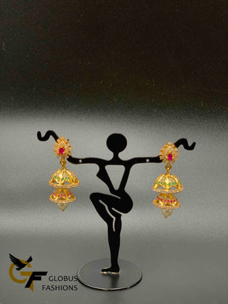 Multicolor stones with pearls double step jumka earrings